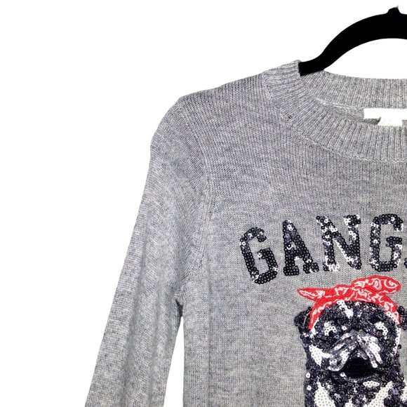 H&M Gangsta Wrapper Sweater Gray Sequin Embellished Long Sleeve Pug Knit Top XS - Picture 4 of 7